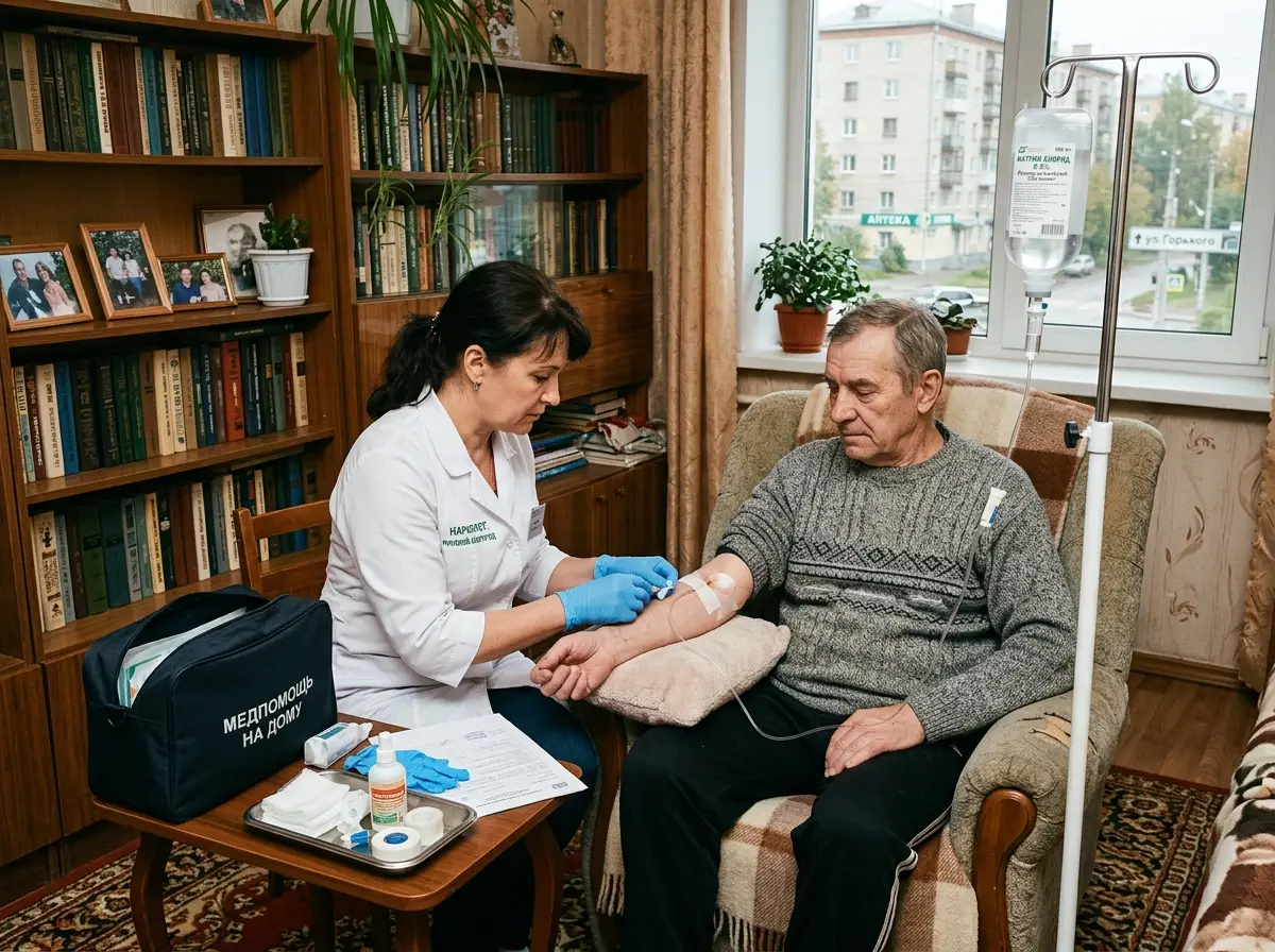 Врач-нарколог в белом халате ставит капельницу пациенту на дому в Нижнем Новгороде, уютная домашняя обстановка, профессиональное медицинское оборудование