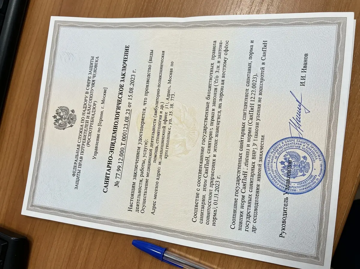 Санитарно-эпидемиологическое заключение для медицинского кабинета, официальный документ Роспотребнадзора с печатью и подписью